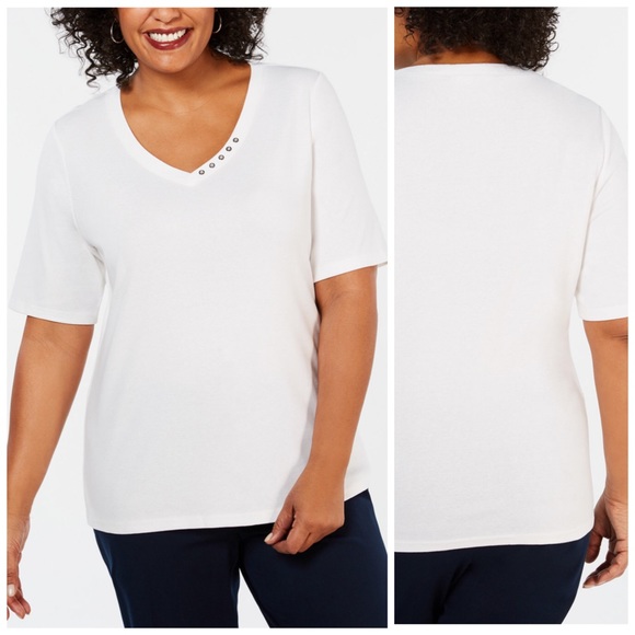 Karen Scott Tops - 1X 2X White V Neck Elbow Sleeve Top Plus Size